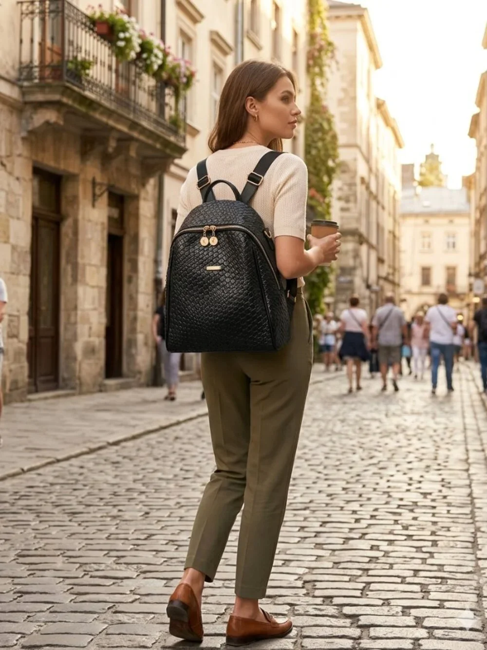 Black Basketweave Vegan Leather Dome Backpack Gold Zip